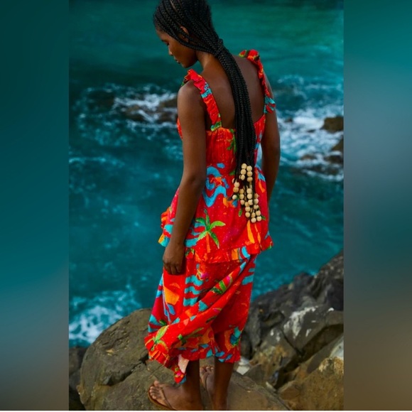 REPOSH - NWT Farm Rio Ipanema Red Tropical Ruffle Midi Dress - Picture 6 of 8